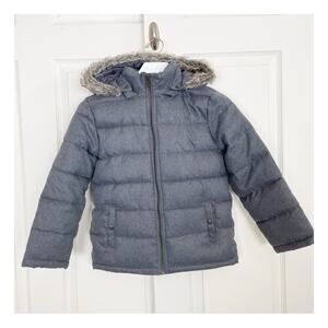 Janie & Jack Kids Charcoal Puffer Jacket Faux Fur Trim Hood Sz 7-8 Years